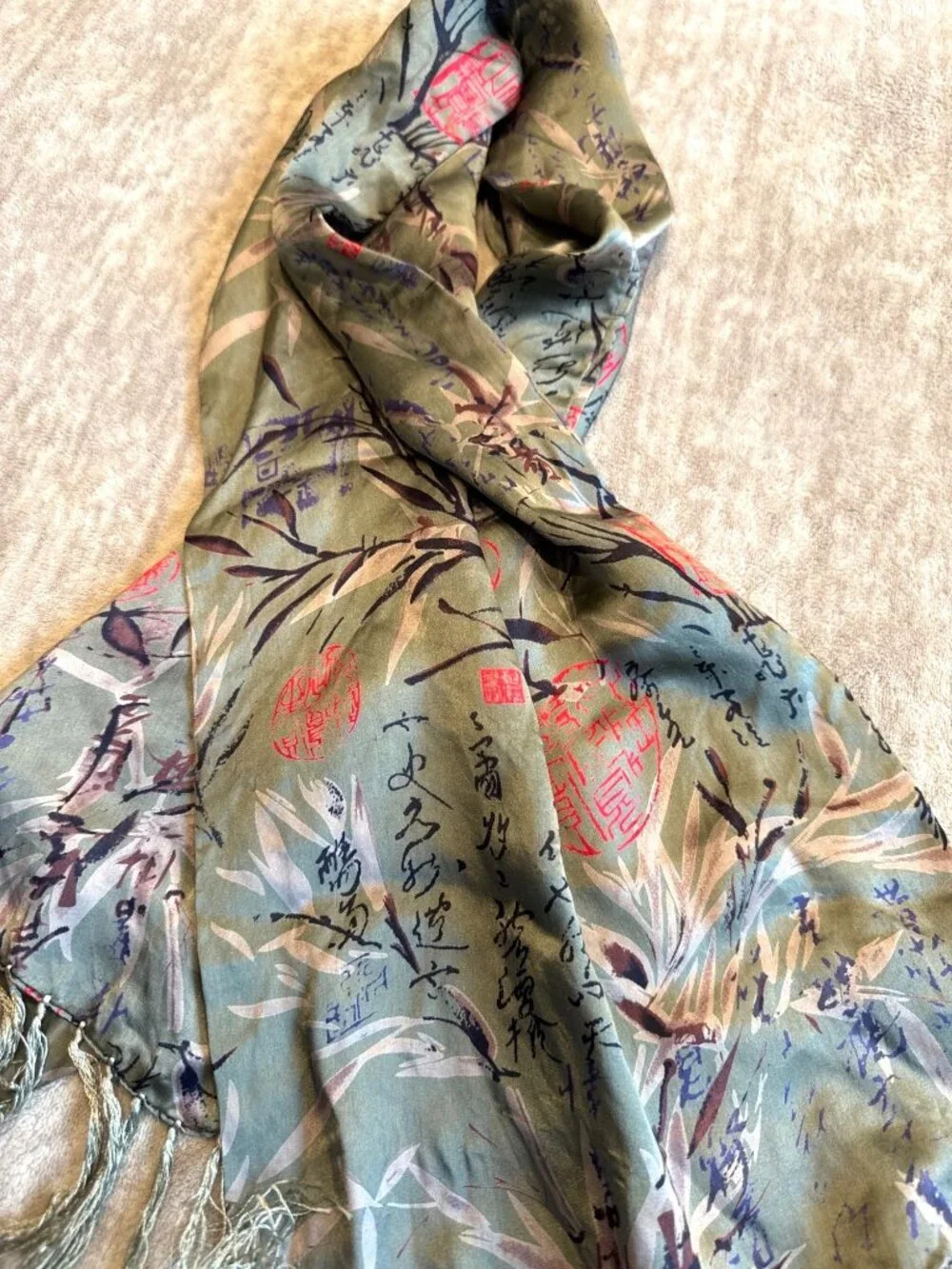 Japanese Floral Delicate Earthy Crunchy Green Luxury Silk Scarf with Fringe